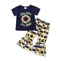 Children's Clothing,Summer Girls' Printed Suit,Girls' Casual Short Sleeve T-Shirts and Sunflower Bell Bottom Pants.