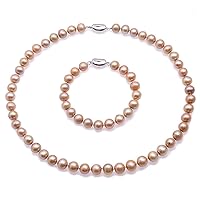 JYX Pearl Jewelry Set 9-10mm Round Champagne Freshwater Pearl Necklace and Bracelet Set for Women 18