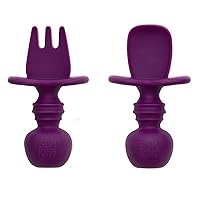 Bumkins Baby Utensils Set, Chewtensils Silicone Spoons for Dipping, Self-Feeding, Baby Led Weaning, Trainer Learning, First Stage Eating, Soft Practice Fork and Spoon, Babies 6 Months, Purple