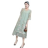 Spring Summer V-Neck Chinese Style Loose Hanfu,Women's Embroidery,Lady's A Line Dress