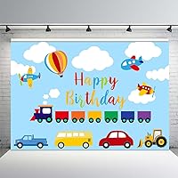 MEHOFOND Transportation Boy Birthday Party Backdrop Blue Sky White Cloud Automobile Train Airplane Car Bus Truck Happy 1st Birthday Up Hot Air Balloon Photography Background Photo Booth Banner 10x7ft
