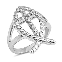Clear CZ Rope Fish Christian Cross Ring New .925 Sterling Silver Band Sizes 5-9