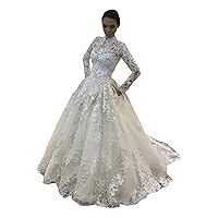 Muslim Arabic high Neck Princess lace Women Ball Gown Wedding Dresses for Brides with Long Sleeves Train