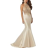 Sexy Halter Neck Long Mermaid Pink Crystal Evening Dress Champagne Prom Gown
