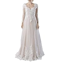 Women's Button Back Bridal Gown A line Long Sleeve Lace Tulle Wedding Dress