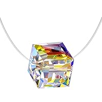 Sterling Silver Color Changing Crystal Cube Birthstone Choker Invisible Fish Line Necklace