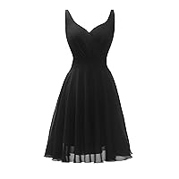 Dressever Summer Cocktail Dress V-Neck Adjustable Spaghetti Strap Chiffon Sundress Black L