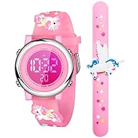 Hicarer 2 Pieces Kids Unicorn Watch Toddler Watch and Silicone Wristband Cute 3D Kids Digital Watch Waterproof 7 Color Lights Watch with Alarm Stopwatch Watches for 3-10 Year Girls