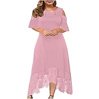 Women Off Shoulder Short Sleeve Midi Dress Plus Size Hollow Out Floral Lace Cocktail Dresses Elegant High Low Dress