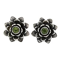 NOVICA Handmade Peridot Flower Earrings Unique Floral .925 Sterling Silver Button Green Indonesia Birthstone [0.7 in L x 0.5 in W] 'Green Eyed Lotus'