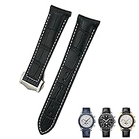 19mm 20mm 21mm Curved Leather Cowhide WatchBands Fit for Omega Speedmaster Seamaster 300 AT150 Sxwatch Watch Strap (Color : Black White line, Size : Silver Buckle)
