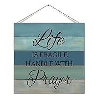 Rustic Wooden Pallet Sign Plaque Life Is Fragile Handle with Prayer Motivational Wood Door Hanger Plaque with Sayings Quote Wooden Wall Sign Home Wall Hanging Decor for Dining Room Kitchen 12 Inch