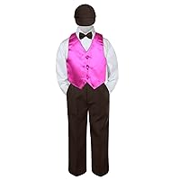 5pc Baby Toddler Kid Boys Brown Pants Hat Bow Tie Fuchsia Vest Suits Set (5)