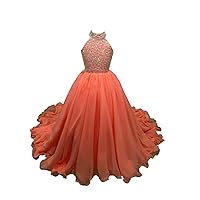 Mollybridal High Neck Chiffon Toddler Pageant Prom Formal Dresses for Little Girls Cupcake Beaded Rhinestones A line