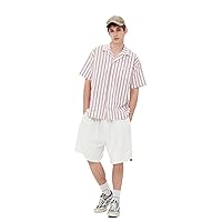 Men's Vertical Striped Lapel Shirt Boys Loose Casual Spring/Summer Cotton Short Sleeve Top,Pink,L