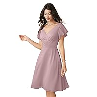 AW BRIDAL V-Neck Chiffon Bridesmaid Dresses Short Cocktail Formal Dresses for Women Party with Flutter Sleeves