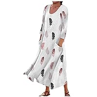 Women Summer Dresses 2024 Elegant Floral 3/4 Sleeve Dress Casual Loose Midi Sundress with Pockets