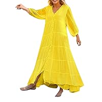 Women's Boho Flowy Maxi Dress Women's Bubble Long Sleeve Square Neck Embroidered Swing Layered Maxi Dress Casual