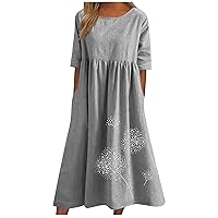 Women's Cotton Linen Ruched Tshirt Dress Dandelion Print Casual Plus Size Midi Dresses Beach Flowy Dress with Pocket