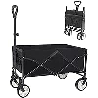 Collapsible Folding Outdoor Utility Wagon, Beach Wagon Cart with All Terrain Wheels & Drink Holders, Portable Sports Wagon for Camping, Shopping, Garden and Beach (Black/1 Year Warrant)