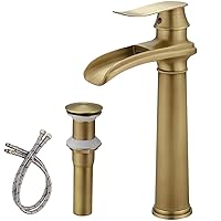 BWE Antique Brass Bathroom Vessel Sink Faucet Waterfall Spout Single Handle One Hole Solid Commercial Brass Lavatory Vanity Sink Faucet with Pop Up Drain