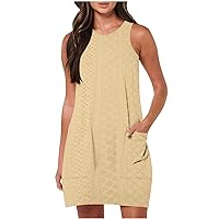Womens Summer Dresses Casual Solid Color Short Sleeve Crew Neck Sports Short Tunic Dress with Pockets