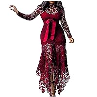 Womens Sexy Bodycon Lace Dress Long Sleeve Asymmetrical Long Cocktail Dress Ladies Formal Homecoming Prom Wedding Dress