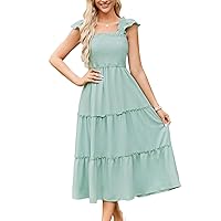 GRACE KARIN Womens Smocked Flowy Summer Dresses A Line Square Neck Flutter Sleeve Ruffle Tiered Polka Dot Cocktail Dress