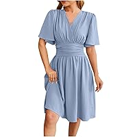 Womens Summer Casual Dresses Elegant Ruffle Puff Short Sleeve V Neck Wrap Pleated Dress Ruched Waist A-Line Flowy Mini Dress