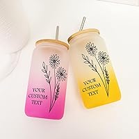 16 Oz Tumbler Cup Custom Birth Flower Frosted Glass Bamboo Covered - Reusable Beer Cups Frosted Glass Tumbler with Bamboo Lid & Straw - Birthday Gifts for Mom