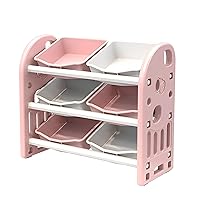 Kids Toy Storage Organizer with 6 Removable Bins Multi-Purpose 3-Tier Shelf Storage Cabinet Unit for Bedroom Playroom Living Room Pink