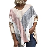 Womens V Neck Color Matching Tunic Tops Casual Soft Bat Sleeve Pullover Blouse Loose Bohemian Color Printing Shirt