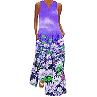 Dresses for Women 2024 Casual Floral Print V Neck Sleeveless A-Line Maxi Dress Sexy Vintage Aesthetic Dresses Pockets