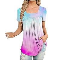 Short Sleeve T Shirts for Women Casual Trendy Floral Print Tunic Tops Square Neck Curved Hem Pullover Workout Blouse