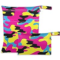 visesunny Colorful Camouflage 2Pcs Wet Bag with Zippered Pockets Washable Reusable Roomy Diaper Bag for Travel,Beach,Daycare,Stroller,Diapers,Dirty Gym Clothes,Wet Swimsuits,Toiletries