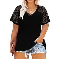 RITERA Plus Size Tops for Women Lace Short Sleeve Shirts Sexy V Neck Casual Tunic Shirt XL-5XL