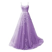 CWOAPO Spaghetti Straps Long Prom Dresses 2024 Ball Gown Lace Appliques Tulle Prom Dress with Pockets Wedding Gowns for Women