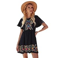 Summer Dresses for Women 2022 Plants Embroidered Butterfly Sleeve Smock Dress Maxi Dress for Women