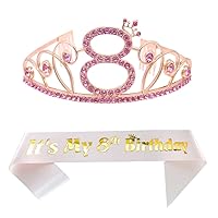 8th Pink Birthday Tiara and Sash Happy 8th Birthday Party Supplies 8th Birthday Glitter Satin Sash and Crystal Tiara Princess Birthday Crown for Girls 8th Birthday Party Decorations