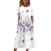 Spring Dresses for Women 2024,Women's Casual Dresses Floral Printed Summer Dresses Pleated O-Neck Loose Dresses