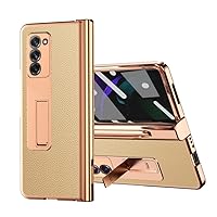 Anti-Drop Plating Leather Cover Case for Samsung Galaxy Z Fold 4 2 Fold4 Fold2 Fold3 Fold 3 5G Tempered Glass Protector Film,Gold,for Galaxy Z Fold 2