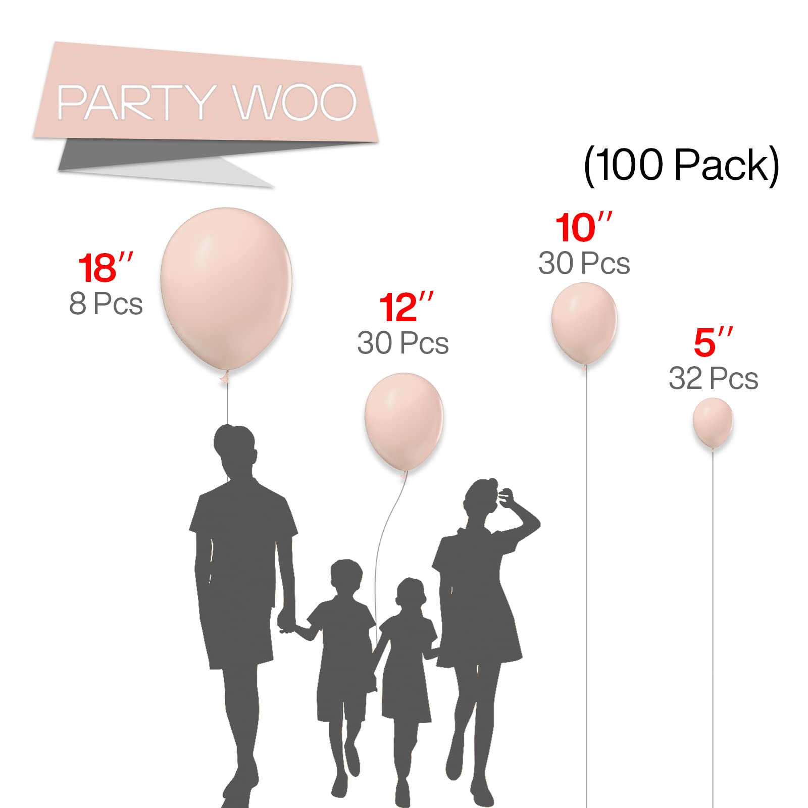 PartyWoo Pale Pink Balloons, 100 pcs Pink Balloons Different Sizes Pack of 18 Inch 12 Inch 10 Inch 5 Inch Pink Latex Balloons for Balloon Garland Balloon Arch as Birthday Party Decorations, Pink-Q01