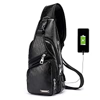 Vintage Men's Leather Sling Bag,Chest Shoulder Bags, Water waterproof Crossbody Bag with USB Charging Port
