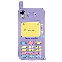 for iPhone XR 6.1 Inch Case(2018 Release), iPhone XR 3D Cartoon Case, Cute Shockproof Soft Silicone Rubber Back Cover Retro Classic Cellular Phone Shaped Case for Kids Girls Women (Purple)