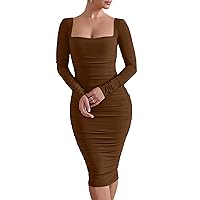HOCILLE Women's Sexy Long Sleeve Bodycon Square Neck Ruched Cocktail Party Midi Dresses