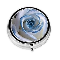 Blue and White Rose Print Pill Box with 3 Compartment Round Pill Case Portable Travel Pillbox Small Medicine Organizer for Pocket Purse Vitamins