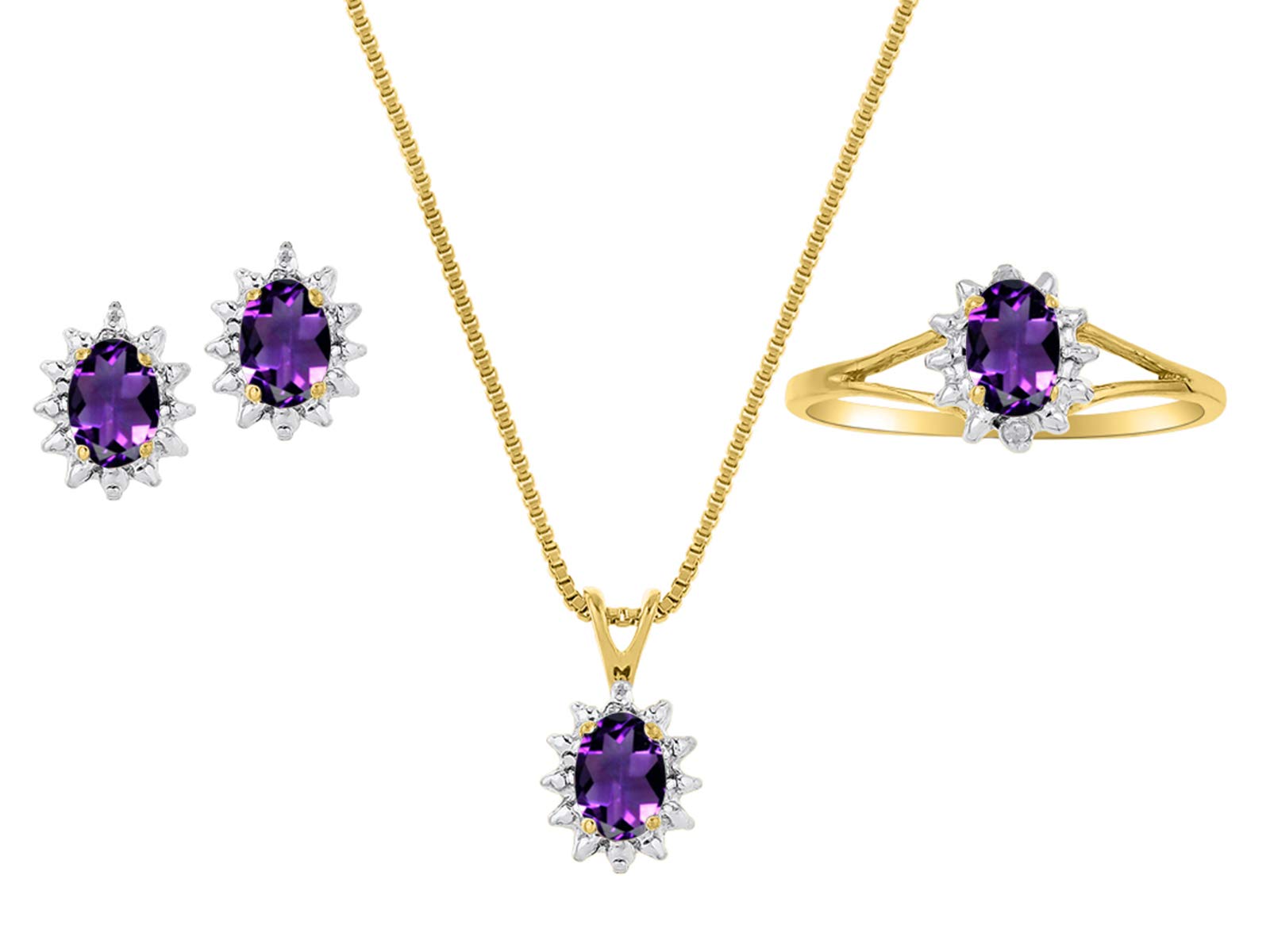 Rylos Simply Elegant Beautiful Amethyst & Diamond Matching Set - Ring, Earrings and Pendant Necklace - February Birthstone*