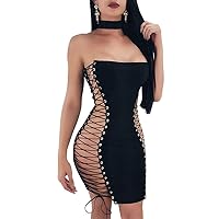 Women Strapless Bodycon Tube Dress Side Lace-up Black Off Shoulder Club Party Mini Dress Wet Look Low Back