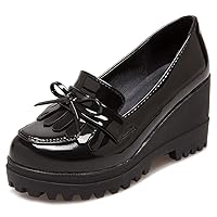 Women's Platform Tassel Oxford Shoes Slip On Comfortable Chunky High Heel Fringed Dress Wedge Shoe