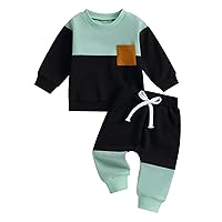 Toddler Baby Boy Fall Winter Clothes Color Block Long Sleeve Sweatshirt Pullover Tops + Joggers Pants Outfit Set